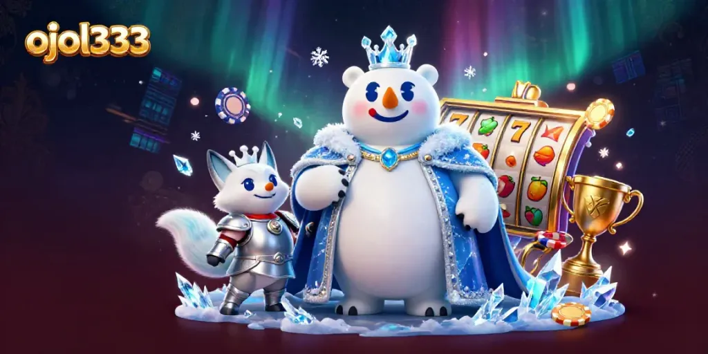Engage in thrilling gaming with ojol333, featuring vibrant 3D characters and dynamic casino elements.