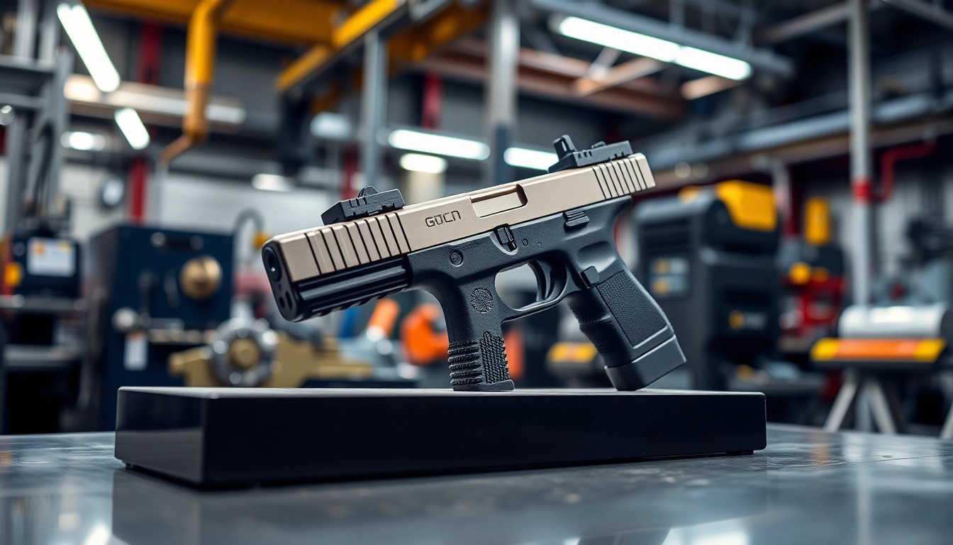 Showcasing the glock 48 slide with intricate features against an industrial backdrop.