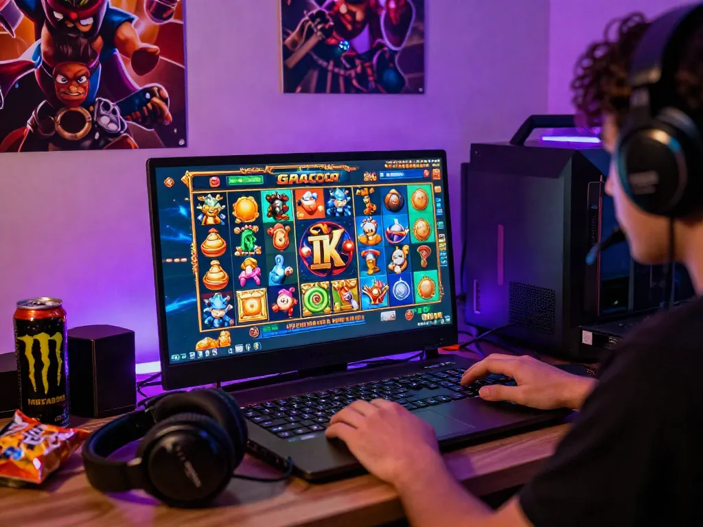 Engaging player enjoying slot gacor maxwin experience on a laptop, surrounded by vibrant game graphics and a cozy gaming setup.
