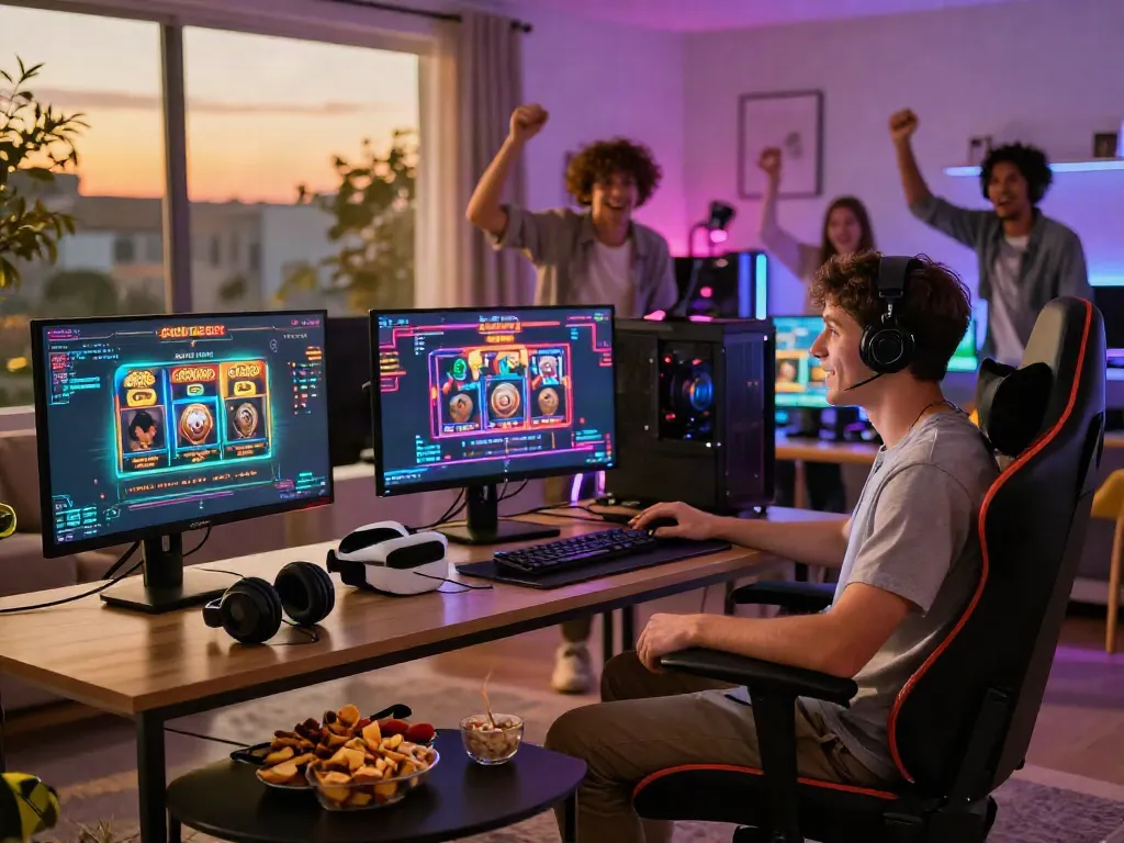 Immersive gaming atmosphere featuring a player enjoying slot gacor games with friends and vibrant setup.