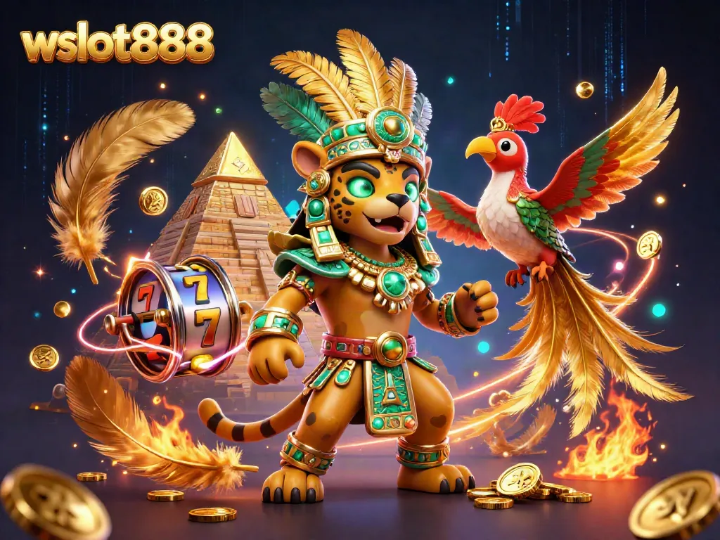 Gambarkan suasana jackpot menguntungkan di wslot888 dengan karakter Mesoamerika dan slot yang berlimpah.
