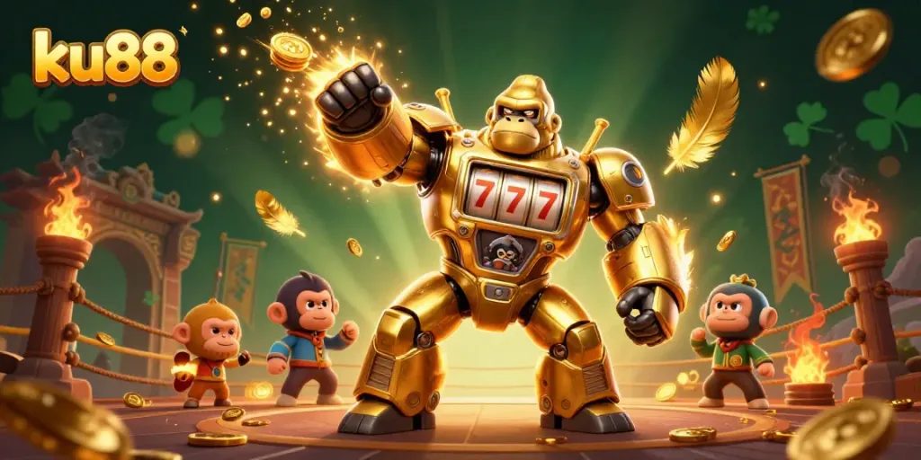 Experience thrilling action at ku88 as a golden gorilla mech battles in a vibrant casino arena.