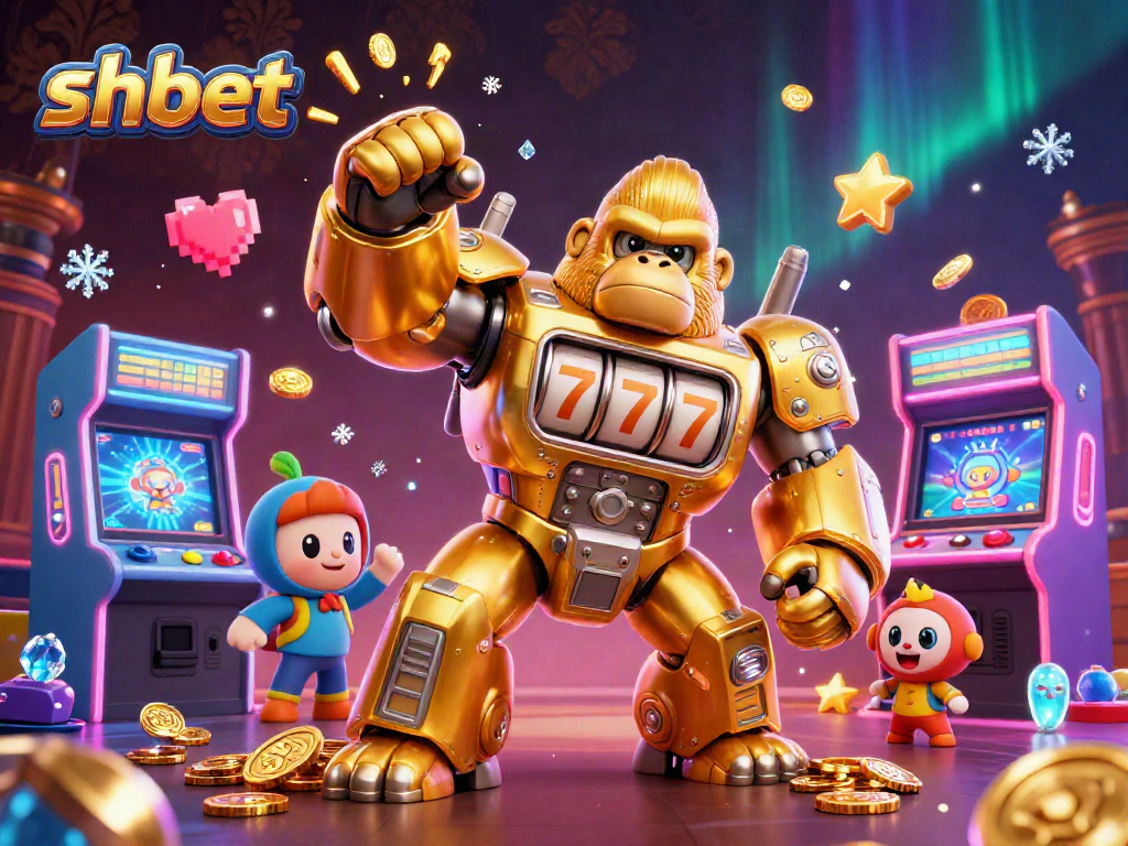 shbet features a dynamic golden gorilla mech surrounded by arcade elements and coins
