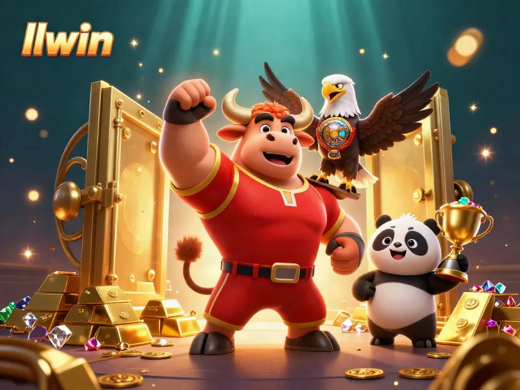 Experience the thrill of llwin with a victory pose of a bull mascot, eagle, and panda amidst a treasure bounty.