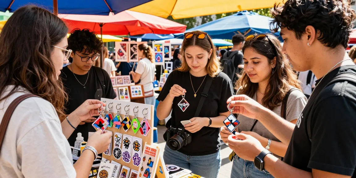 Custom acrylic diamond keychain displayed in an urban market with vibrant surroundings, showcasing unique designs.