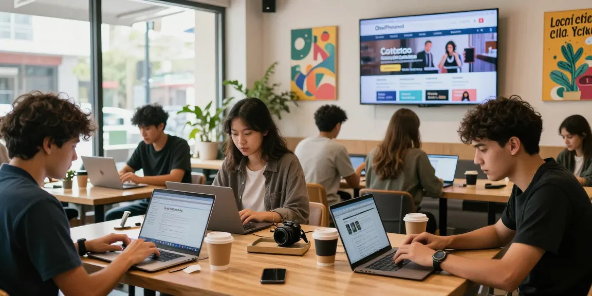 Engaged users exploring BedPersonal's local classifieds in a modern café.