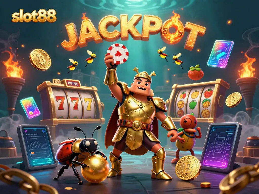 Menangkan jackpot di slot88 dengan badak hercules kartun 3D berarmor emas dan beetle roll bola emas.