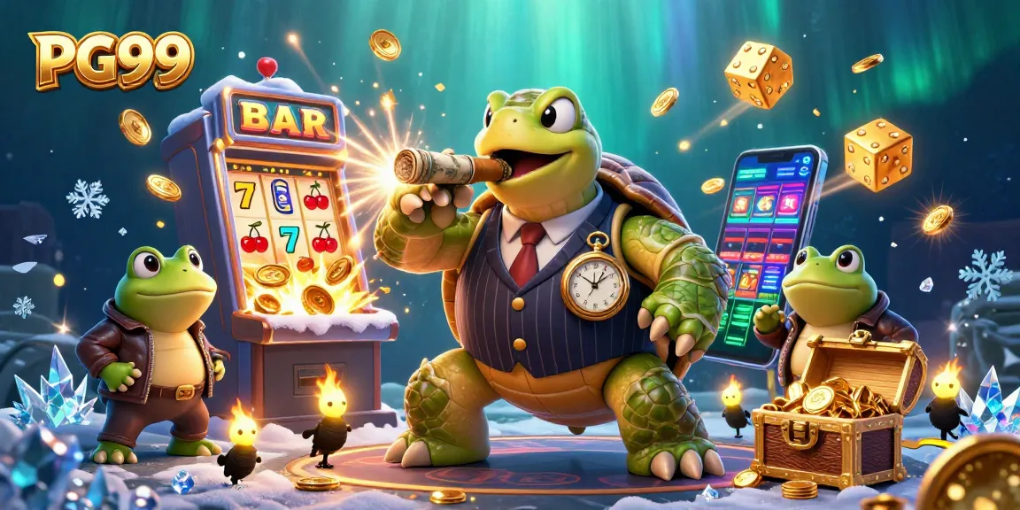 Experience the excitement of PG99 with a lively casino scene featuring a turtle mobster and dynamic game elements.