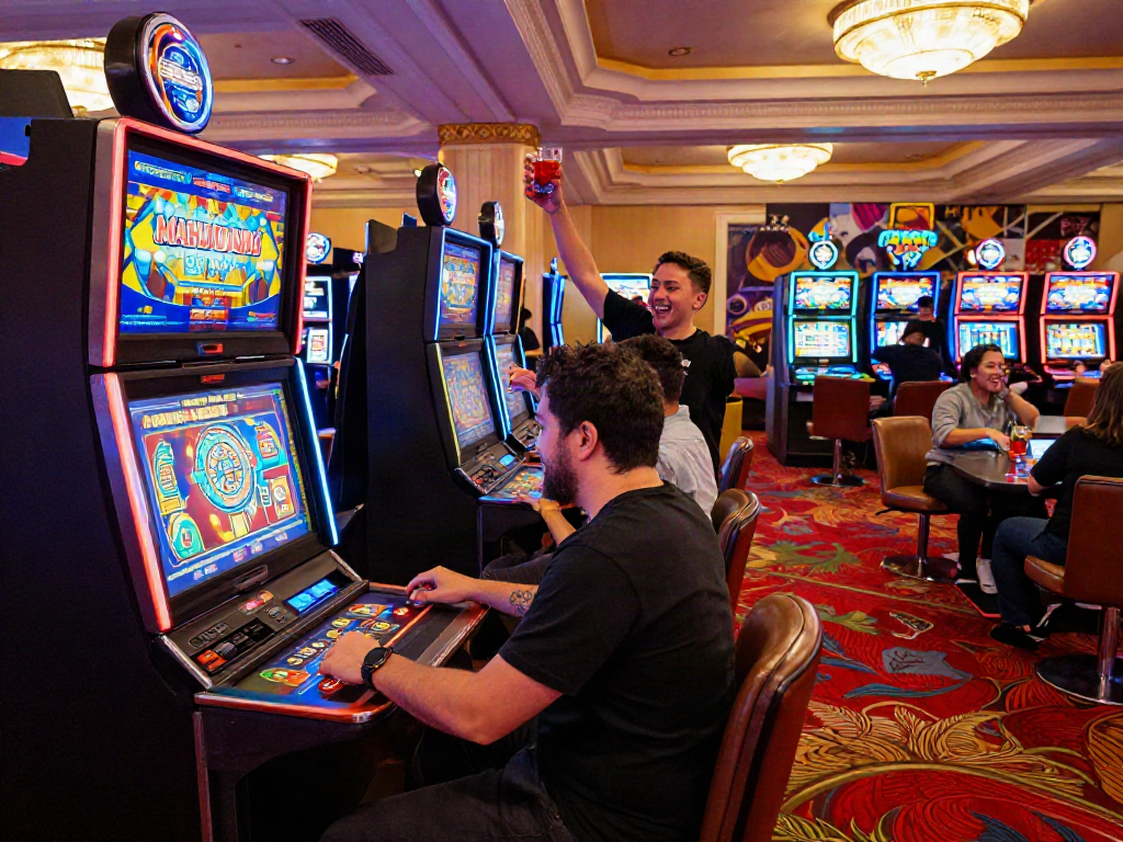 Excited players enjoying the Slot MAHJONGJP88 experience in a bustling casino environment.