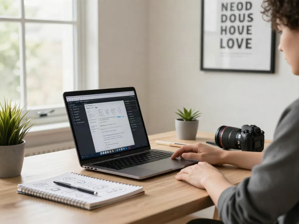 Affordable AI content generator interface displayed on a laptop in a modern workspace.