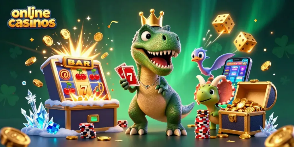Engaging scene depicting characters enjoying online casinos with a T-Rex shuffling cards and prizes exploding.