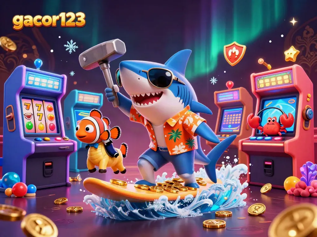 Experience thrills at gacor123 with a shark surfing coins and a clownfish celebrating in a vibrant casino atmosphere.