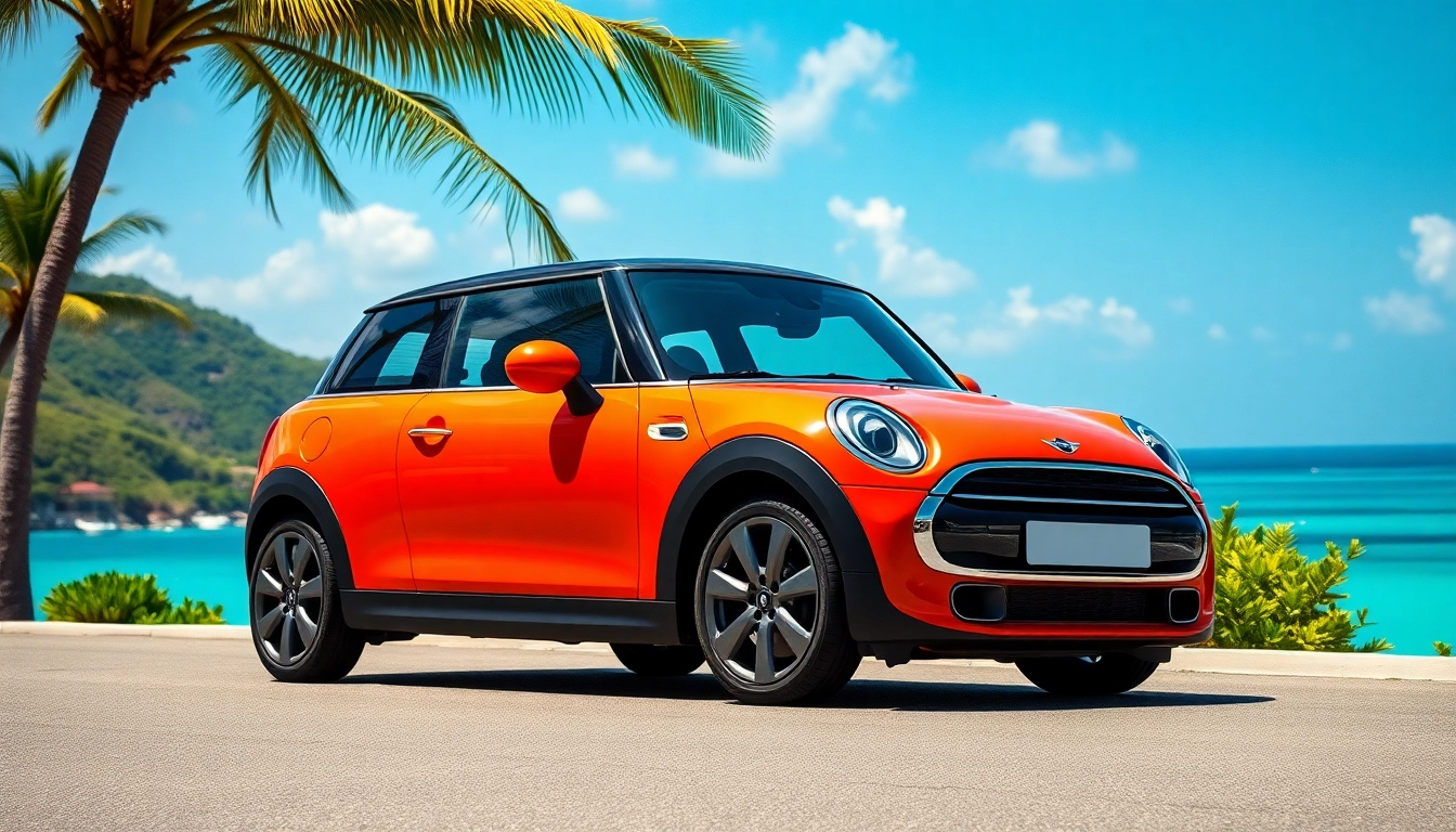 Experience st barts mini cooper rental with a vibrant Mini Cooper in a tropical coastal landscape.