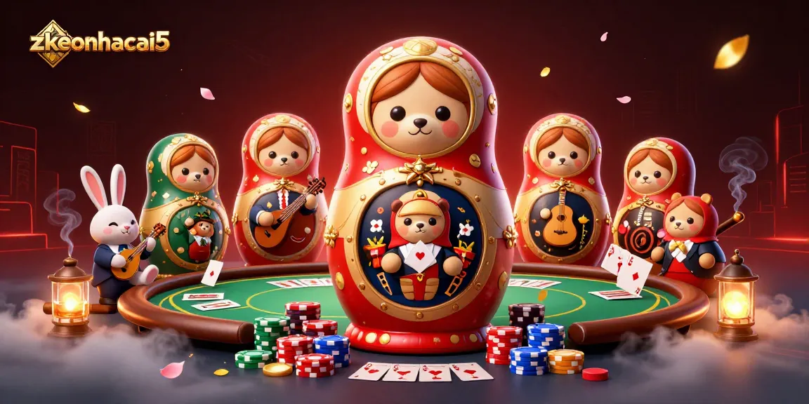Zkeonhacai5 offers an enchanting 3D casino experience with Matryoshka bears and vibrant poker elements.