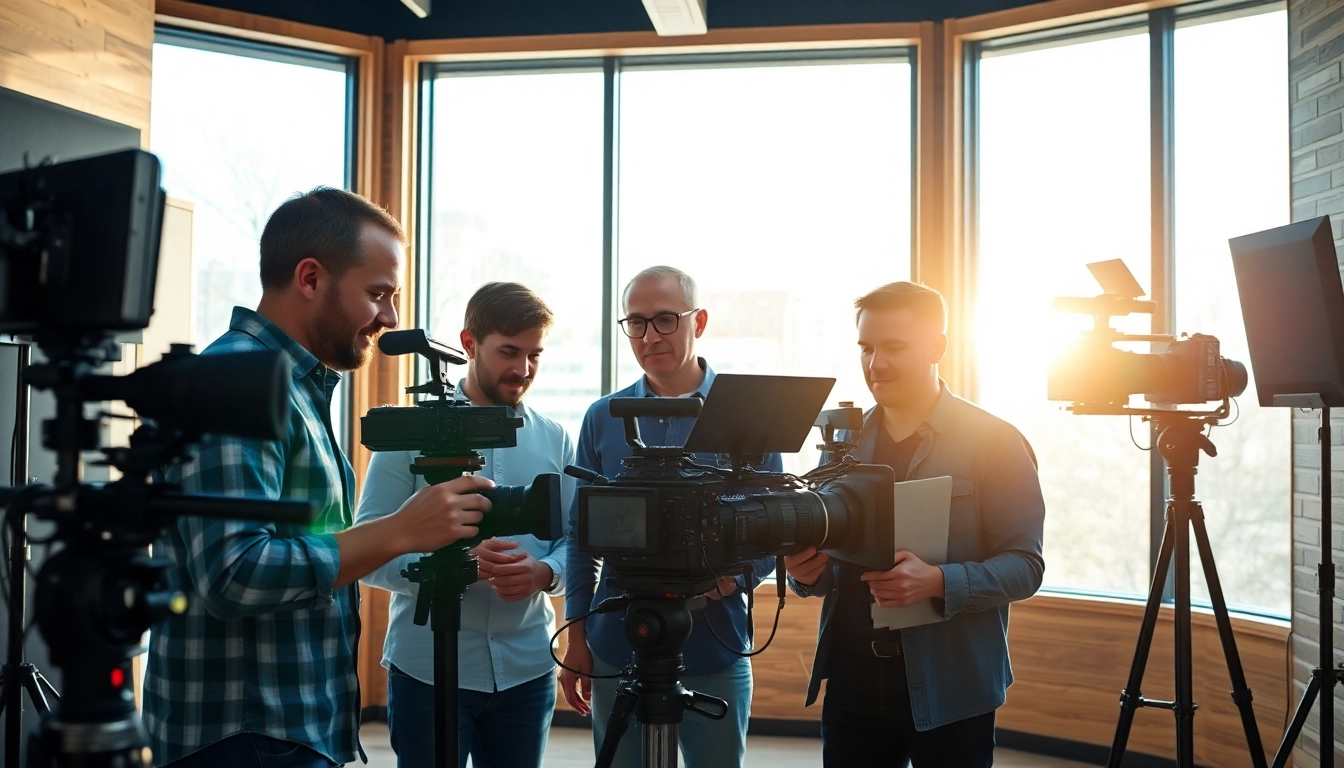 Engaged team of edmonton production companies working collaboratively in a modern studio environment.