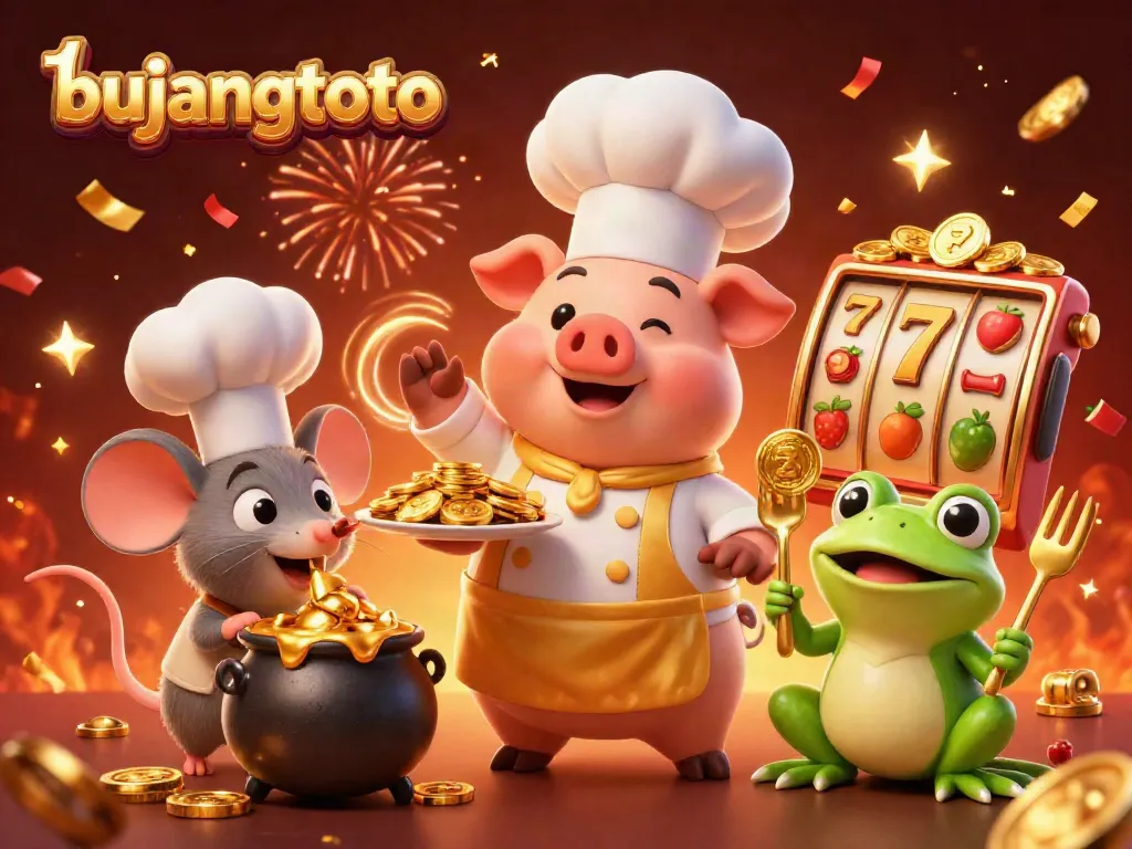 Bujangtoto scene featuring a chef pig, mouse, and frog amidst slot reels and gold coins in celebration.