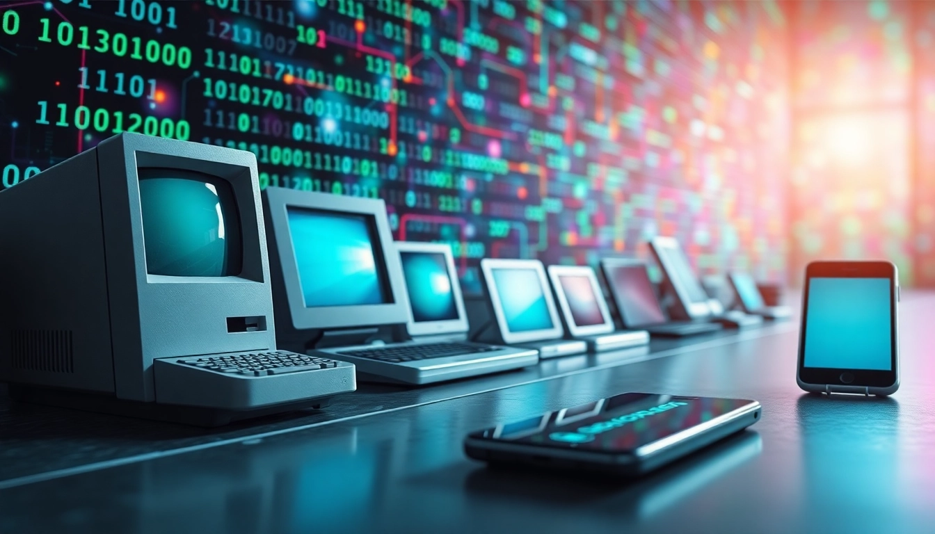 Illustration of internet history showcasing key devices and technology milestones in a vibrant digital world.