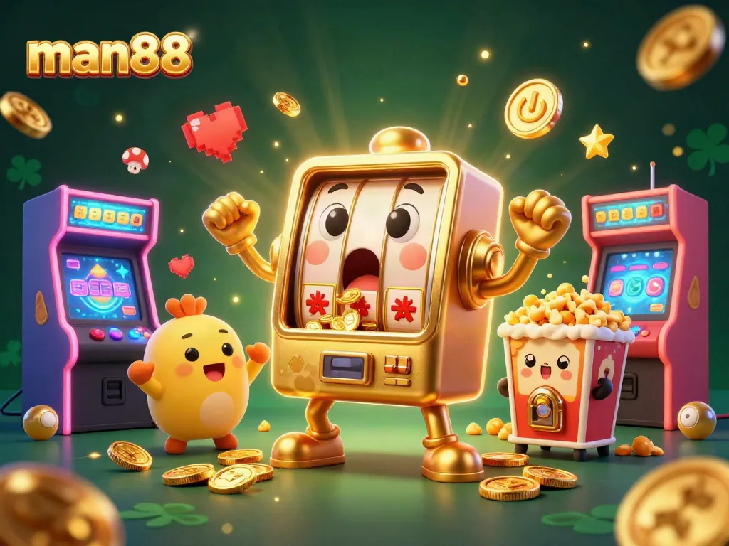 Engage with man88 slots as a golden machine celebrates a jackpot with coins and cheering companions.