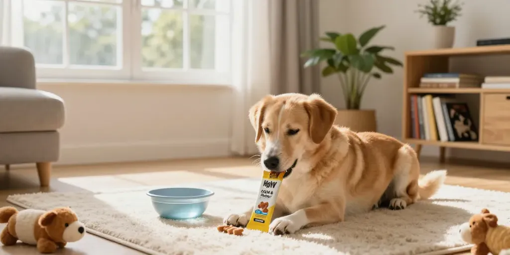 Calming Dog Treats for a relaxed dog enjoying a cozy home environment.