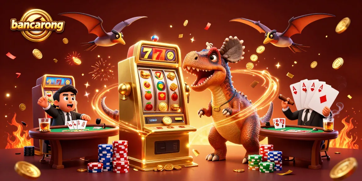 Bancarong slot machine jackpot scene with 3D cartoon dinosaurs, colorful poker elements, and flying coins.
