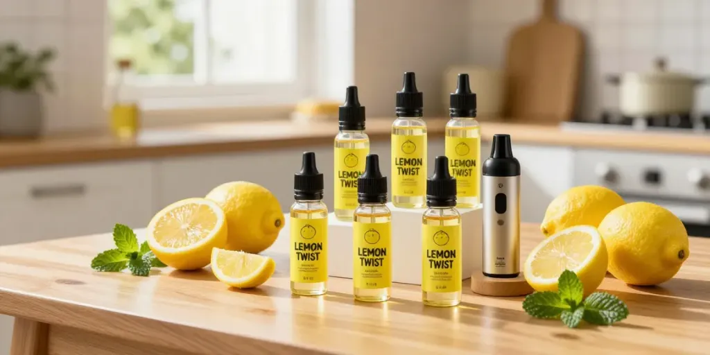 Golden Coast Lemon Bar e-liquid with lemons and mint in bright kitchen.