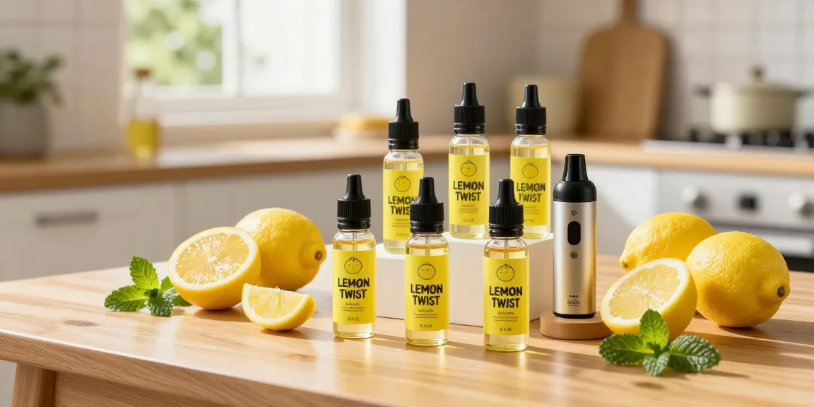 Golden Coast Lemon Bar e-liquid with lemons and mint in bright kitchen.