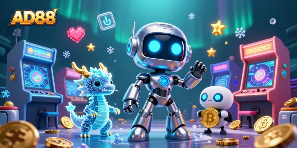Play thrilling games with AD88 in this vibrant 3D casino-themed illustration showcasing high-tech gaming elements.
