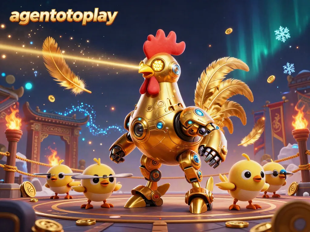 Experience excitement at agentotoplay with a dynamic illustration featuring a golden rooster robot amidst casino elements.