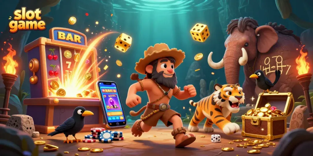Experience vibrant slot game action with a cartoon caveman and a sabertooth tiger in a dynamic casino scene.