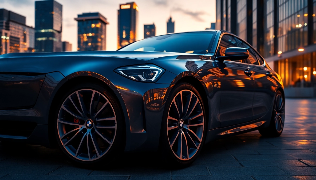 Luxury BMW car parked elegantly in an upscale cityscape, showcasing sleek design and modern luxury.