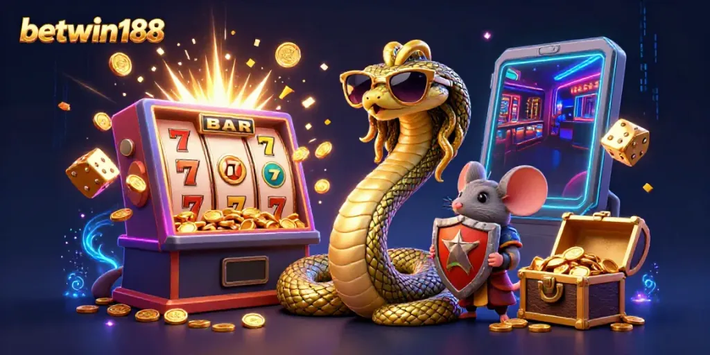 Menangkan jackpot betwin188 dengan karakter Medusa dan mouse prajurit di latar perjudian yang cerah.