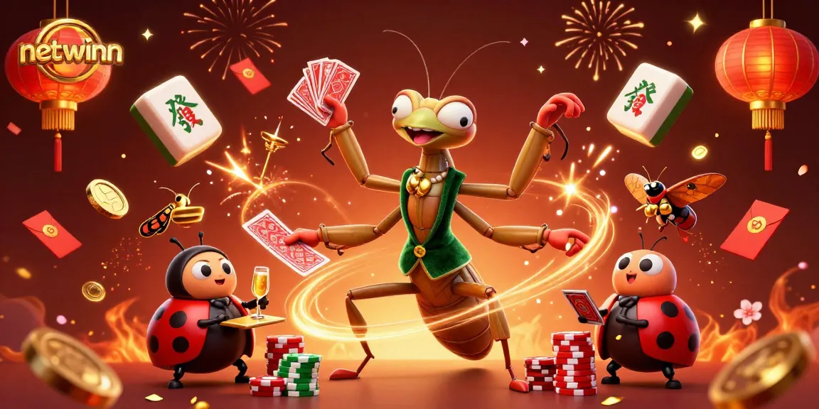 Experience the vibrant energy of netwinn with a 3D scene featuring card dealing mantis and ladybug pit boss.