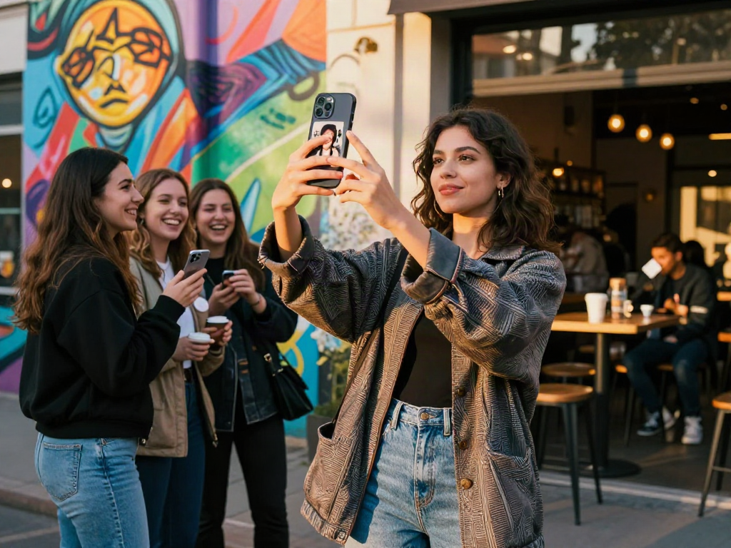 Young woman looking at her phone to see how she looks like celebrities while laughing with friends in an urban setting