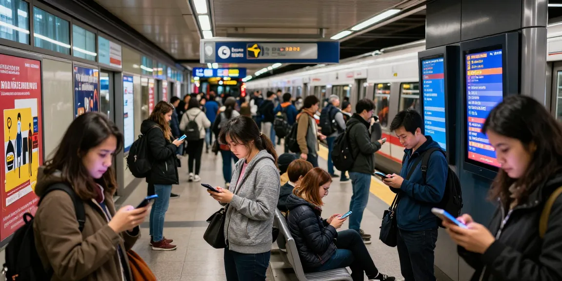 Live subway arrivals being checked by diverse commuters at an urban station, busy atmosphere with digital displays.