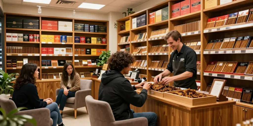 Discover cheap tobacco and cigarettes online in a vibrant tobacco shop atmosphere.