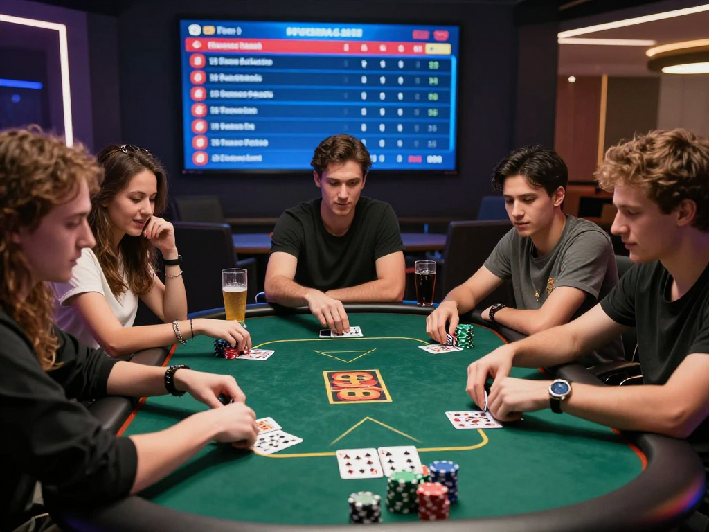 Players enjoying a competitive Poker88 game with colorful chips and cards in a modern lounge.