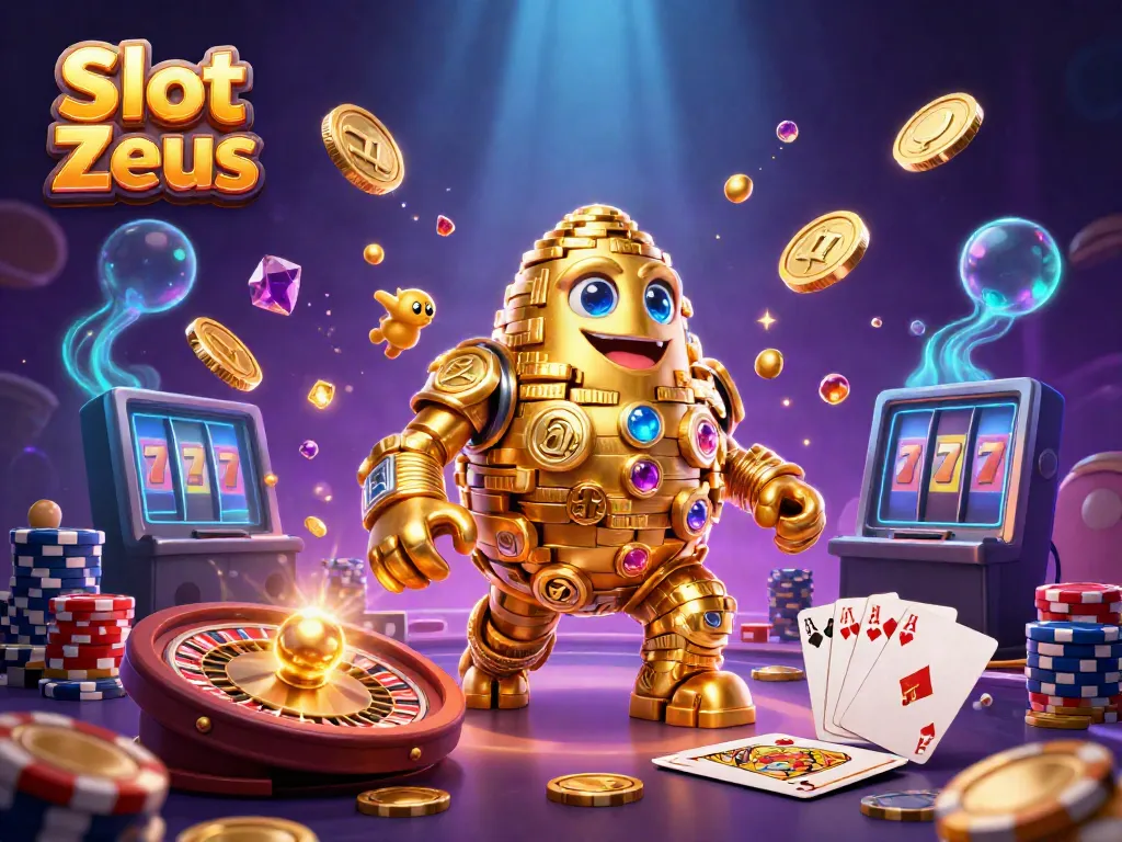 Mengguncang Slot Zeus dengan mesin slot dan koin emas terbang.