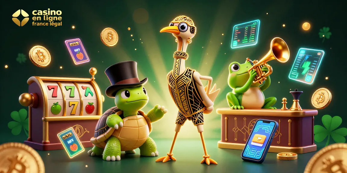 Découvrez une scène animée de casino en ligne légal en France avec un héron art déco, une tortue en haut-de-forme et une grenouille musicienne.