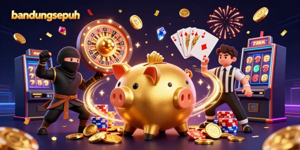 Experience gaming excitement with bandungsepuh as golden coins fly in a lively casino scene