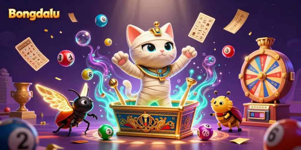 Bongdalu showcases a vibrant 3D scene with a mummy cat and glowing scarab amid dynamic casino elements.