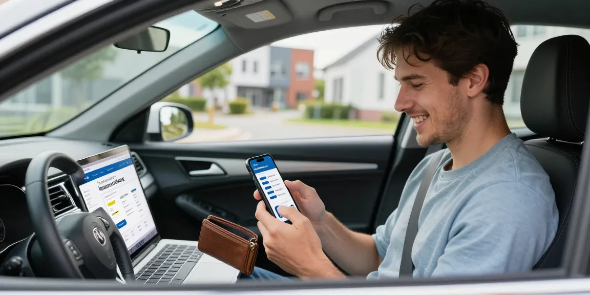 Autoversicherung Vergleichsszene mit einem Autofahrer in Dortmund, der glücklich sein Smartphone nutzt, um Autoschutz zu bewerten.