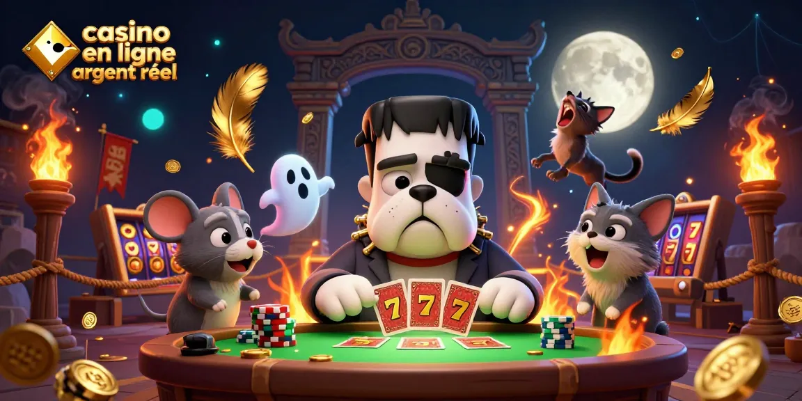 Casino en ligne argent réel : un bulldog Frankenstein et un chat loup s'amusent à une table de jeu.
