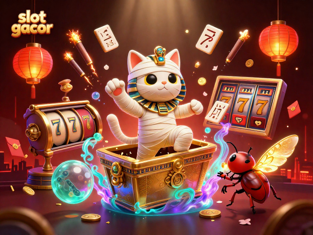 Experience slot gacor excitement with a mummy cat, glowing scarab, and casino elements in dynamic 3D.