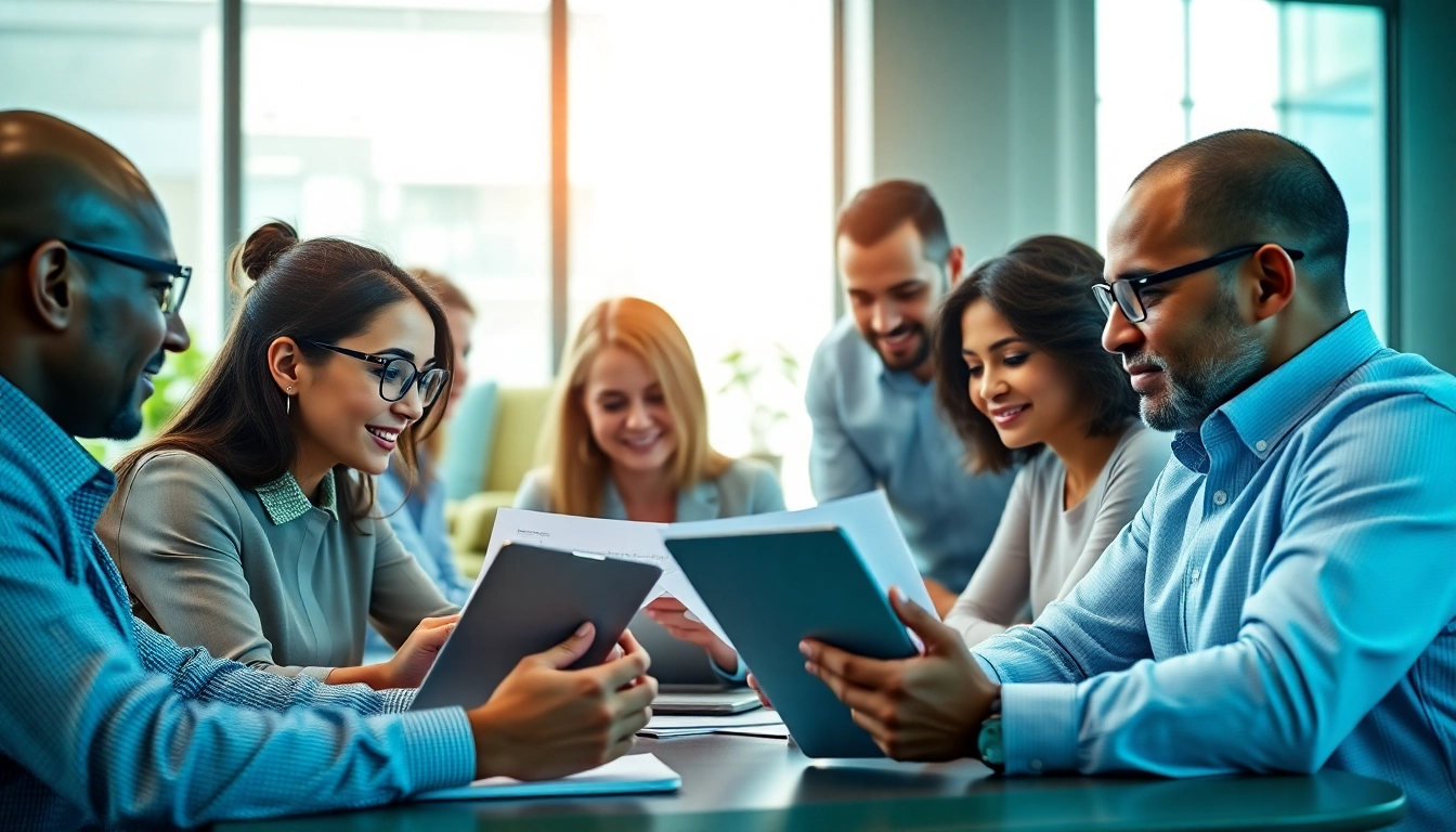 Engaged team collaborating on post-award compliance management in a professional office.