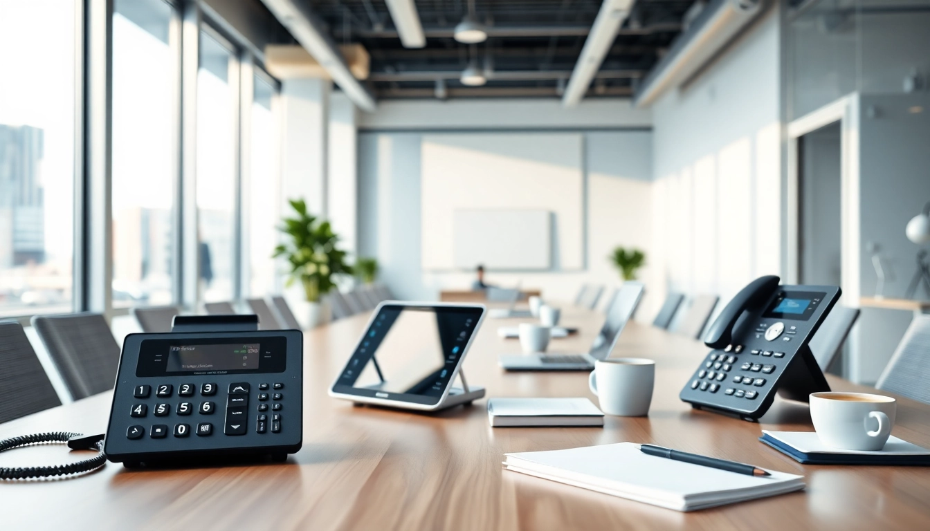 Showcasing office phone systems in a sleek, modern workspace with natural lighting.