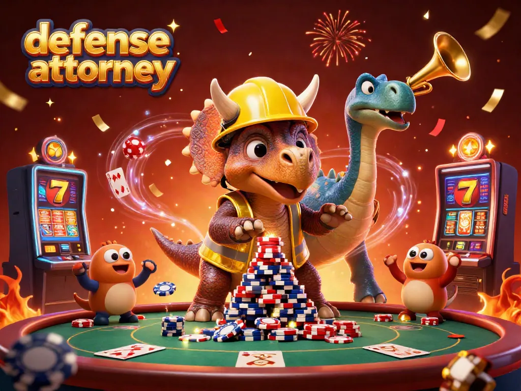 Celebrate winning with a defense attorney surrounded by lively casino elements, poker tables, and vibrant decorations.