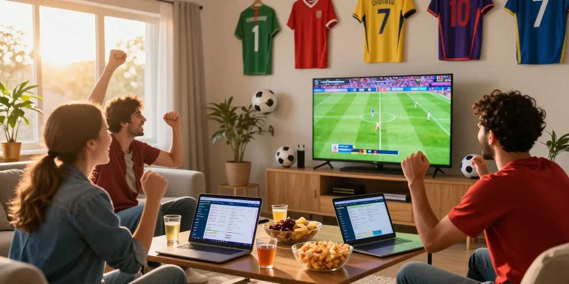 Fussball WM Wettanbieter - Freunde feiern gemeinsam vor dem Fernseher beim Fußballspiel mit Snacks und Laptops für Wetten.