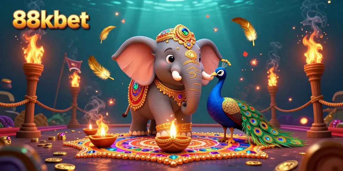 88kbet brings excitement to the gaming world with a vibrant 3D illustration featuring a Diwali-themed elephant and peacock surrounded by casino elements.